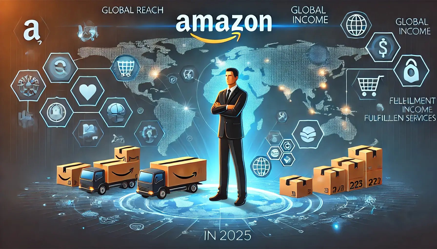 A confident entrepreneur stands in front of a glowing Amazon logo with icons