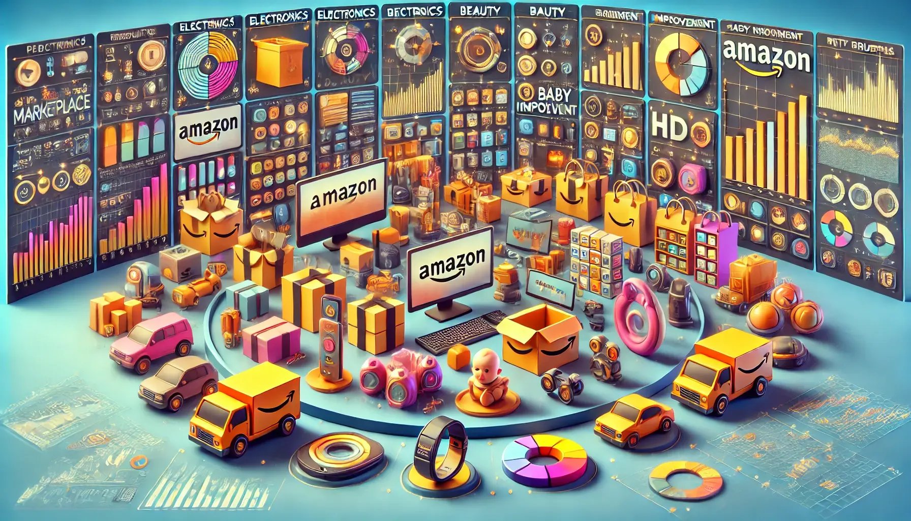 The image features multiple product categories such as electronics, beauty